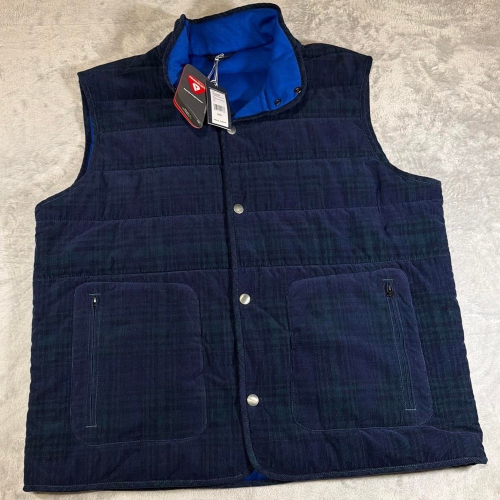 NWT Vineyard Vines Primaloft Corduroy Puffer Vest | Navy & Green Plaid | XXL